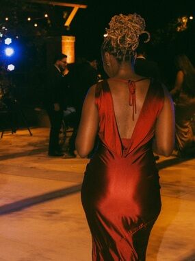 OYS Burgundy Satin Cowl Neck Dress – Open Back